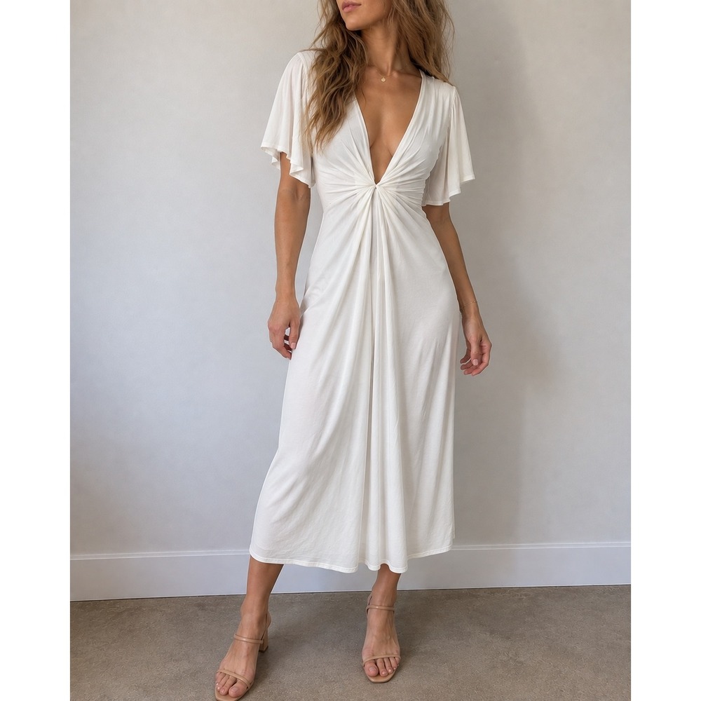 Ten Tomorrow Ivory Pleated Midi Dress Deep V Neck XS Coastal Minimalist